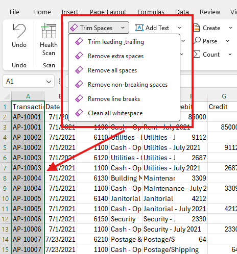 Trim Spaces dropdown showing 6 whitespace cleaning options